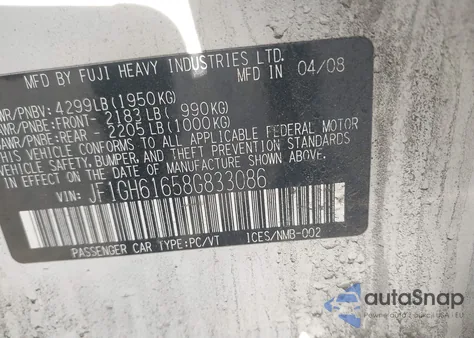 2008 Subaru Impreza 2.5I из США, поврежденный, VIN JF1GH61658G833086